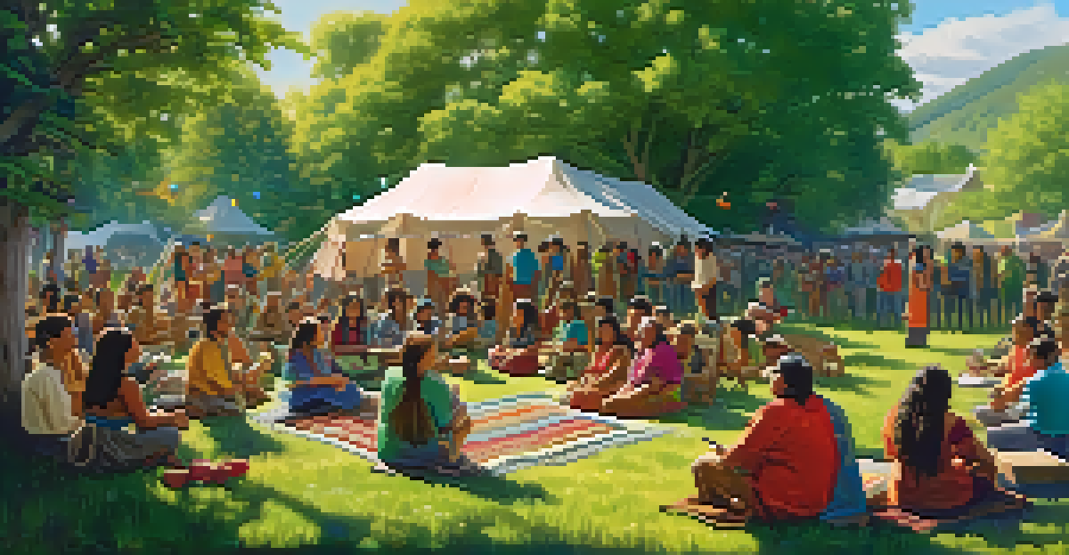 A Native American storytelling festival in a green meadow, with people sharing stories and engaging in crafts under sunlight.