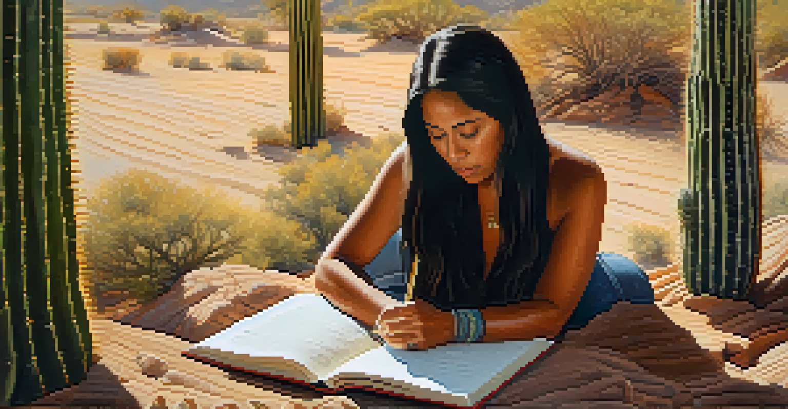 An Indigenous woman writer sits under a saguaro cactus, writing in a journal with sunlight filtering through the cactus.
