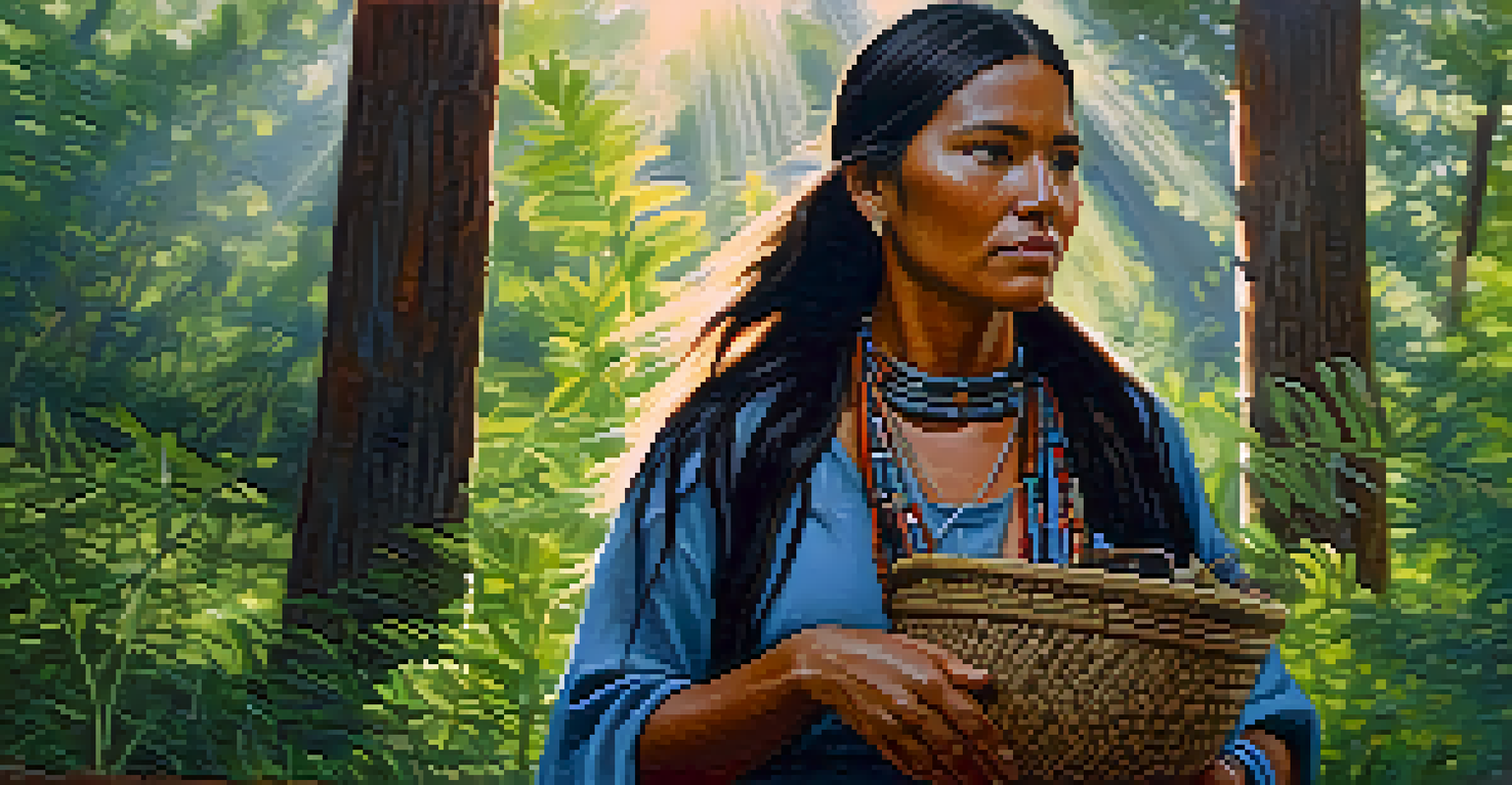 An Apache woman gathering wild herbs in a forest, showcasing her connection to nature.