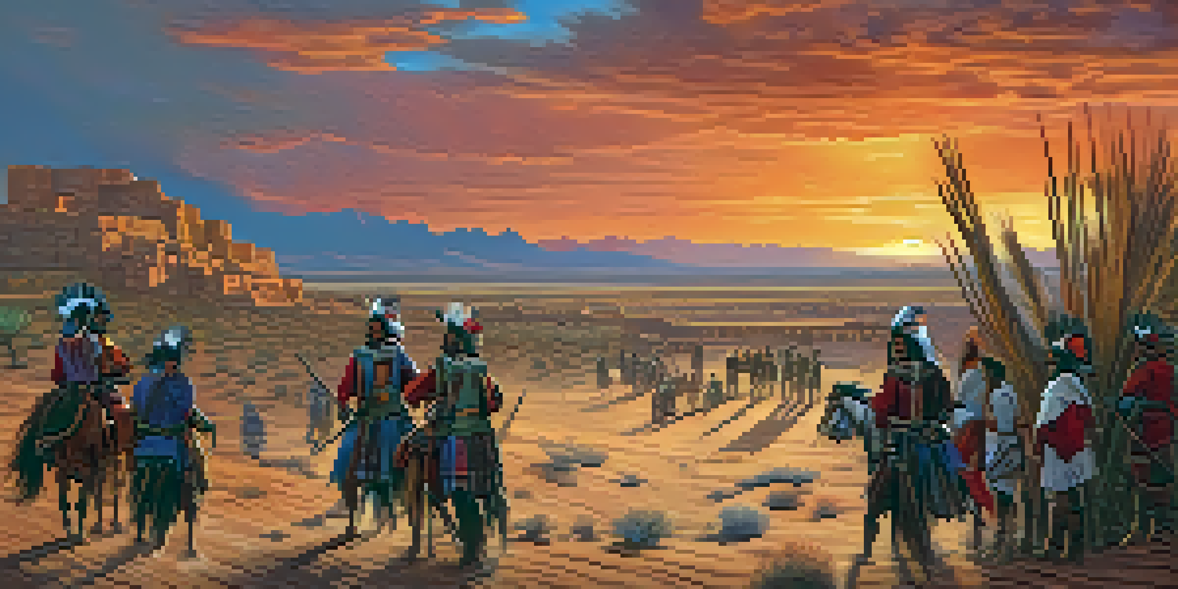A group of Pueblo warriors in traditional attire gathers in a desert landscape during sunset, with adobe dwellings in the background.