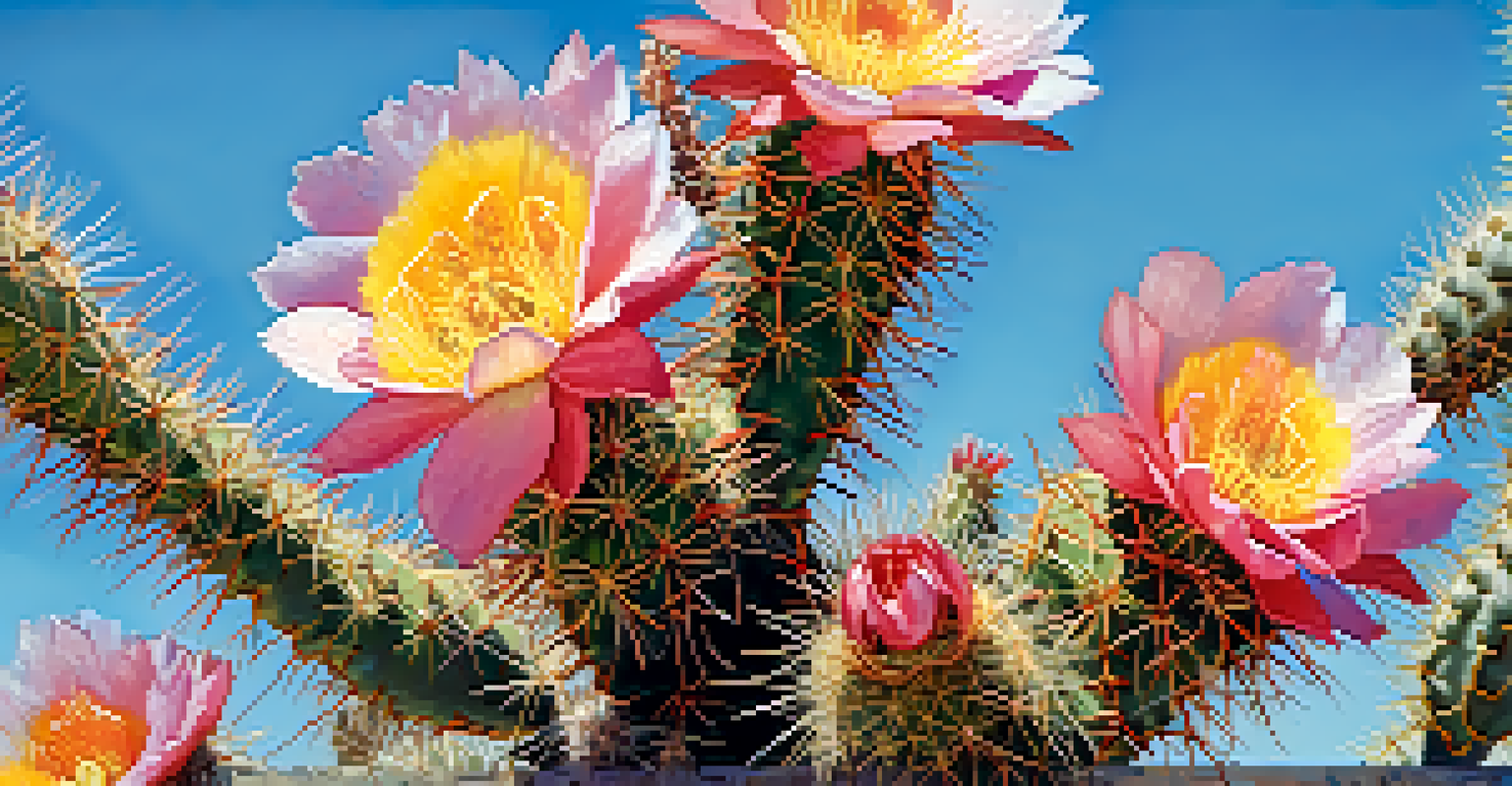 A close-up of a Cholla cactus in bloom, showcasing pink and yellow flowers against a blue sky.