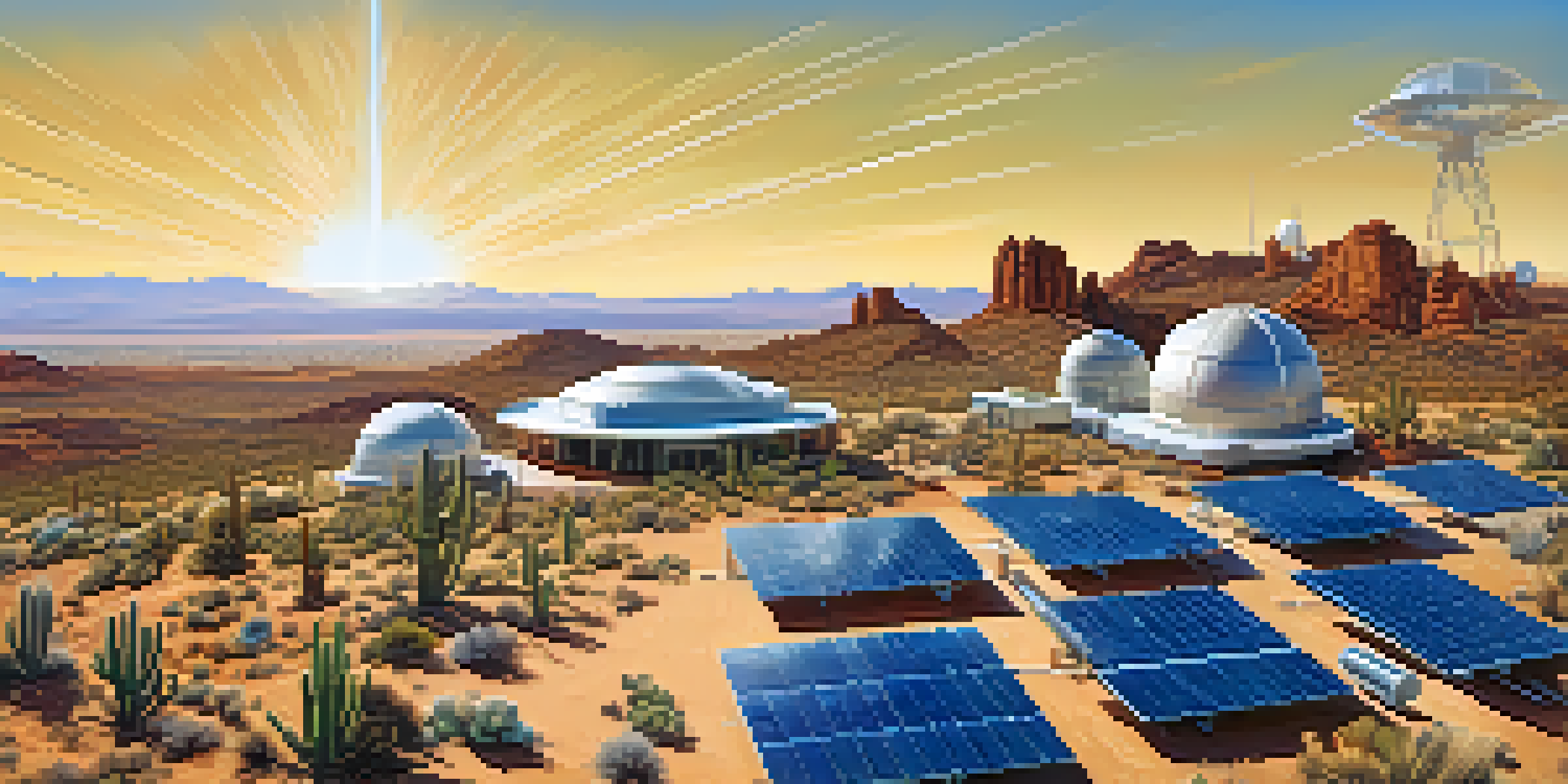 A wide view of Arizona's desert with a research facility featuring telescopes and solar panels under a bright blue sky.