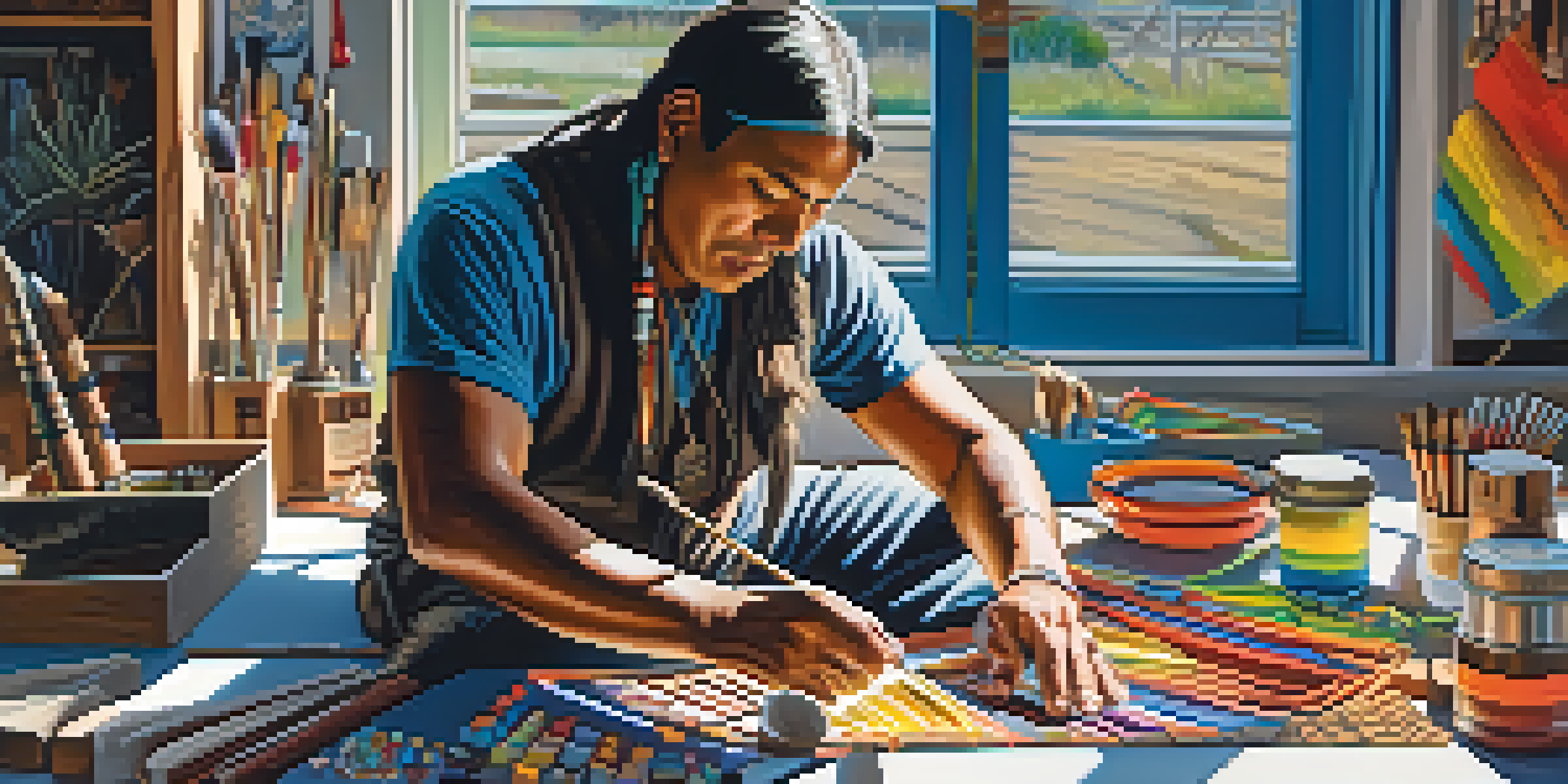 A Native American artisan creating artwork, showcasing traditional and modern techniques, with sunlight streaming through a window and a railroad track in the background.
