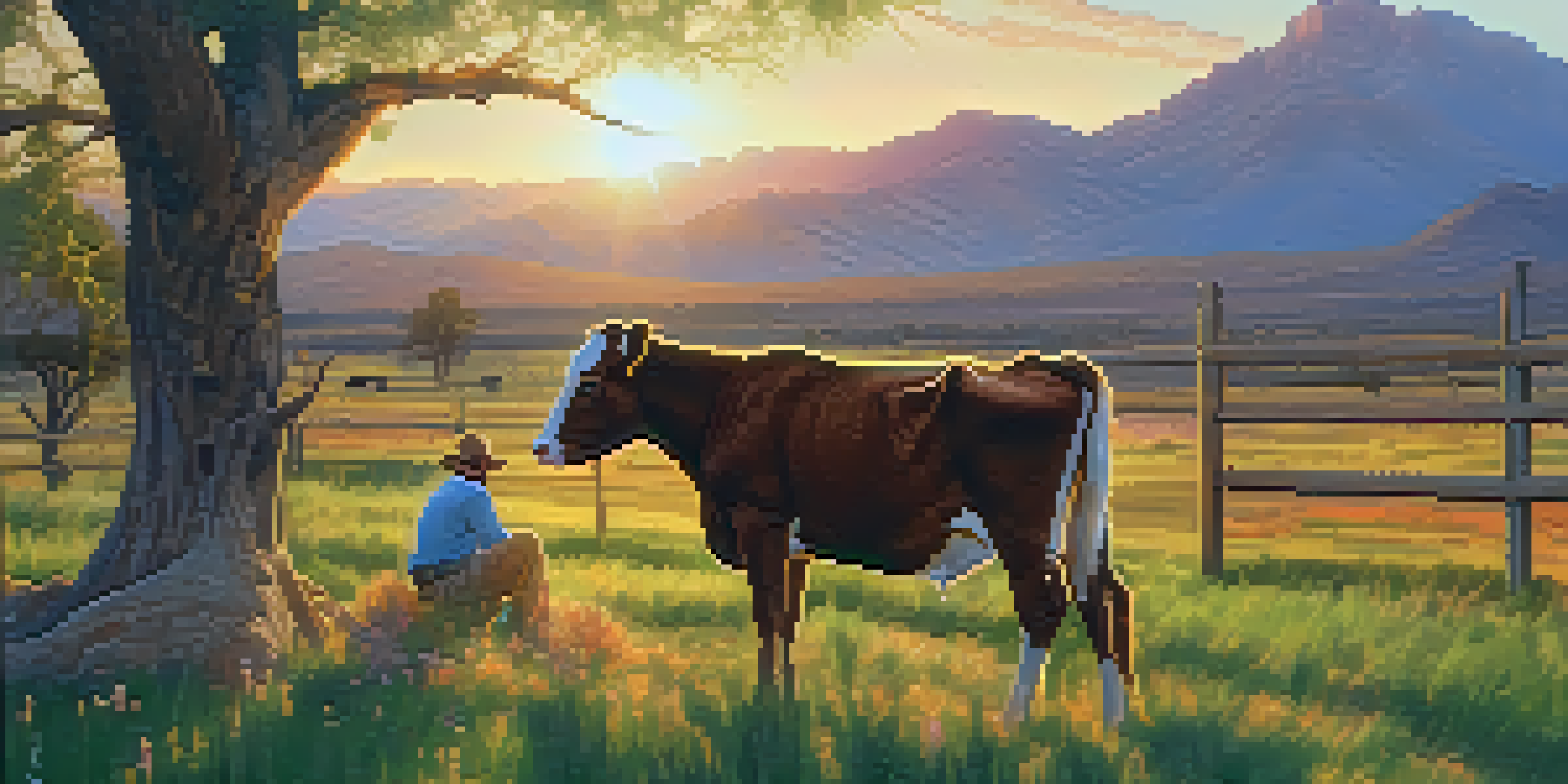 A rancher caring for a newborn calf in a lush green pasture filled with wildflowers, under a colorful sunset sky in Arizona.