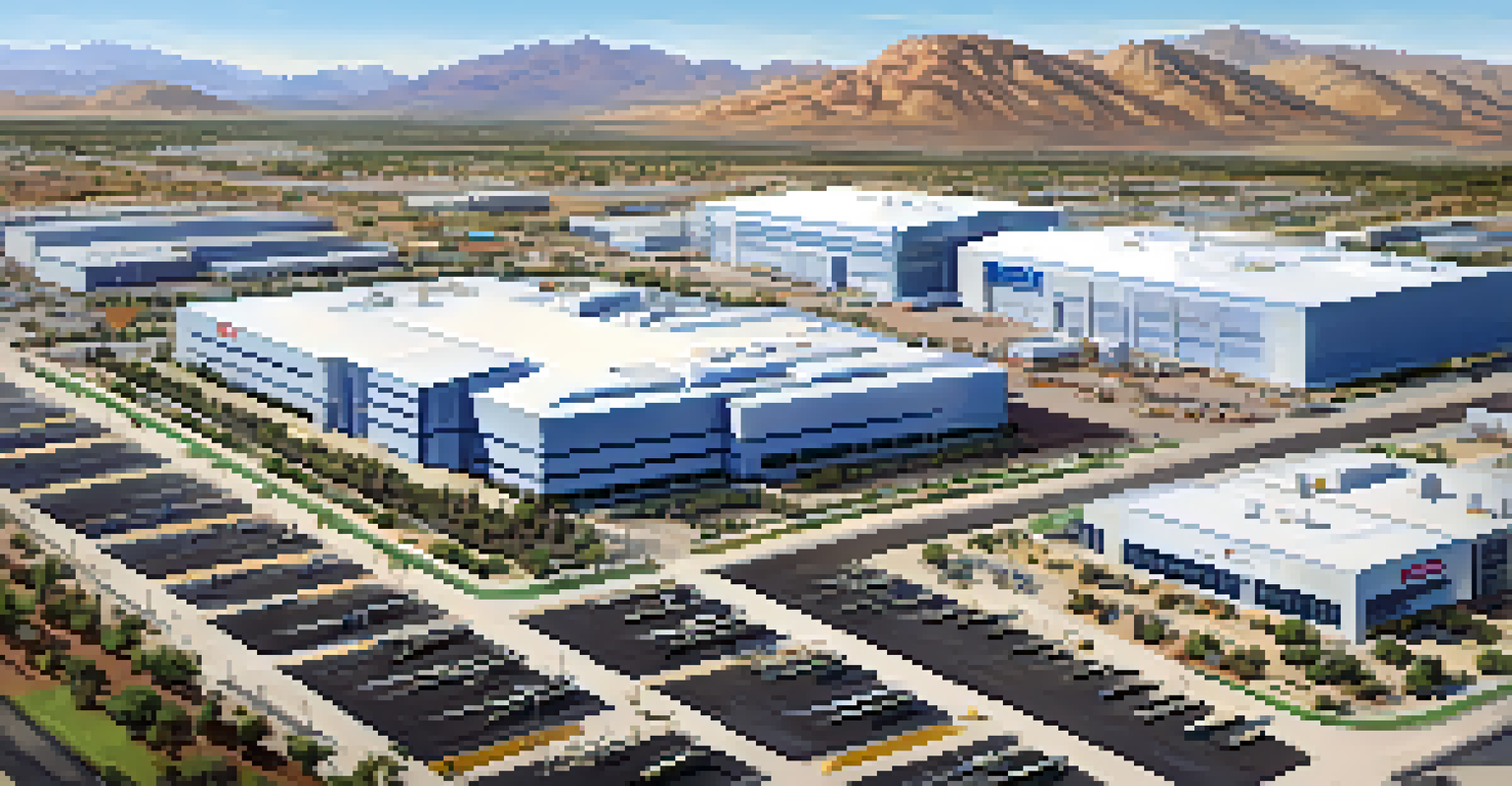 Aerial view of an aerospace company facility in Arizona, showing modern buildings and construction sites for satellite development.