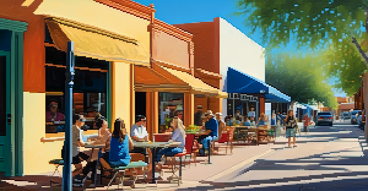 A lively street scene in Tucson's El Presidio Historic District featuring historic buildings and modern outdoor cafes.