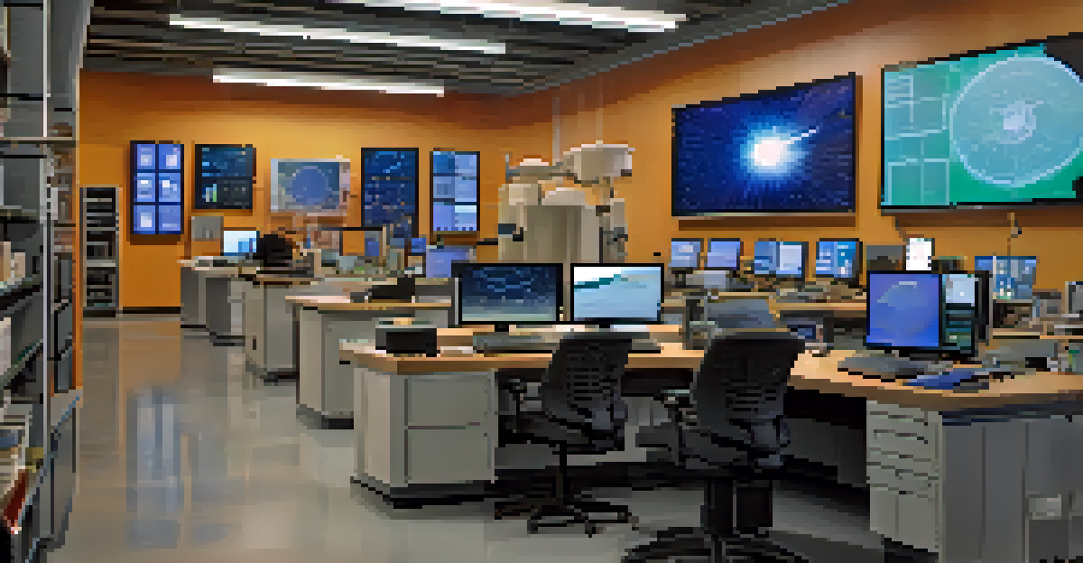 Inside a university laboratory where students are collaborating on space weather research with advanced technology around them.