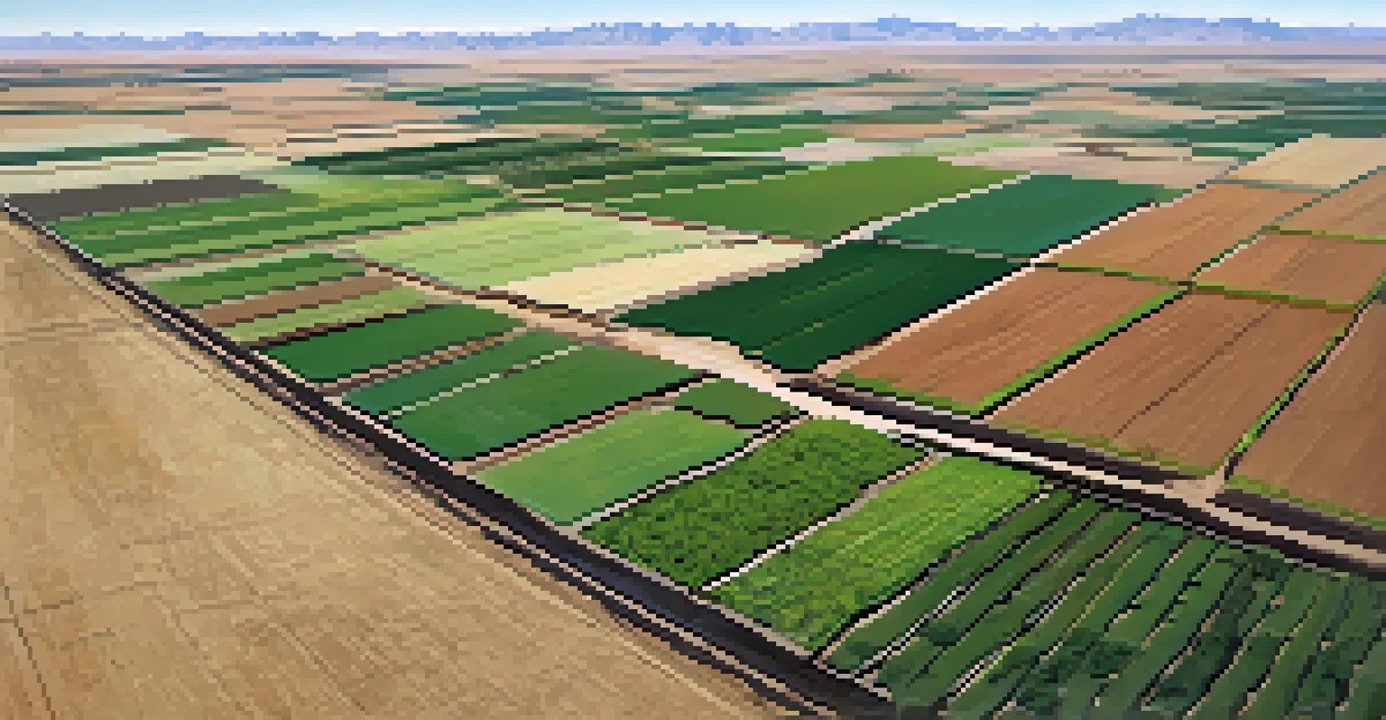 An aerial view of an Arizona farm with diverse crops and modern irrigation systems under bright sunlight.