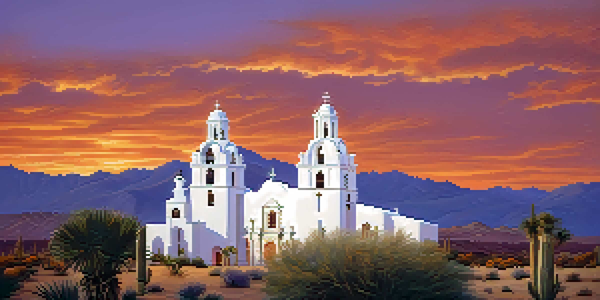 The Mission San Xavier del Bac beautifully illuminated by sunset, with a colorful sky and desert plants in the foreground.