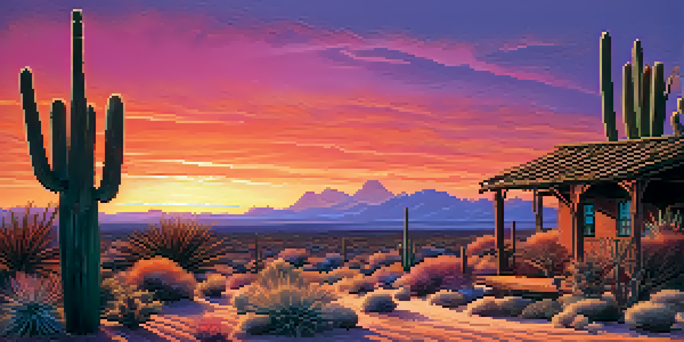 A peaceful Arizona desert landscape at sunset with a traditional Native American dwelling and colorful sky.