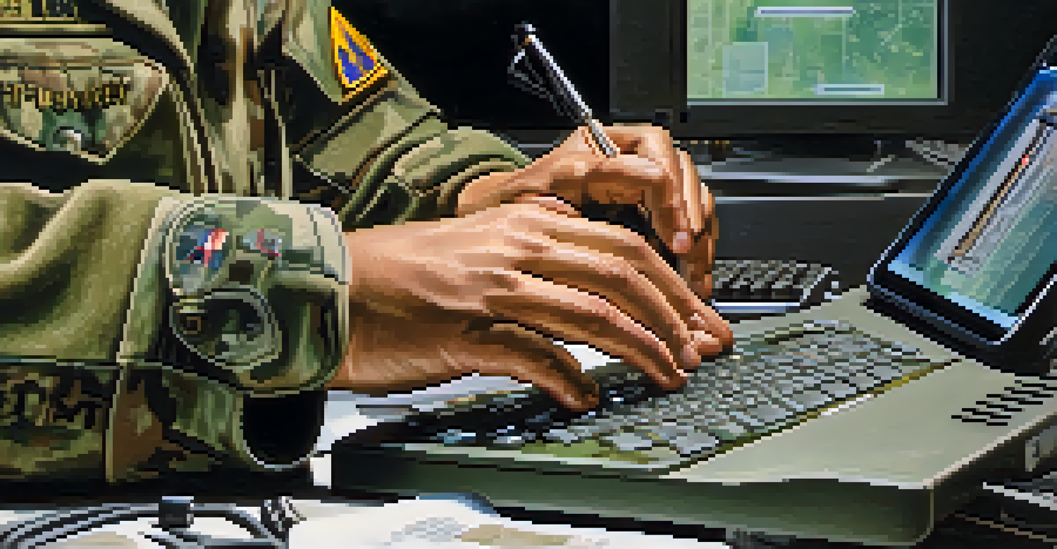 Close-up of a soldier using a communication device at Fort Huachuca.