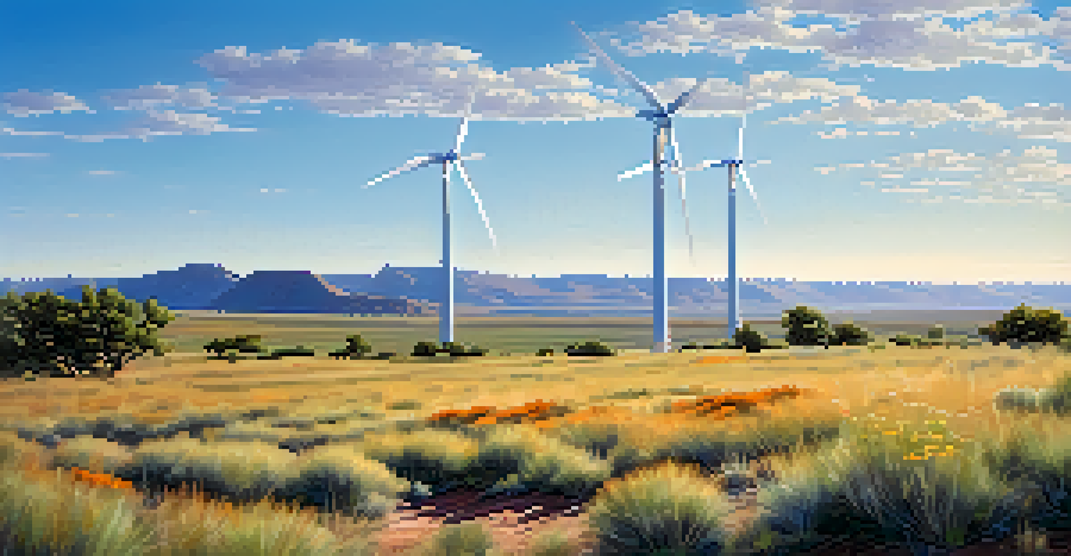 A close-up of a wind turbine in Arizona's northern region with wildflowers in the foreground and a blue sky.