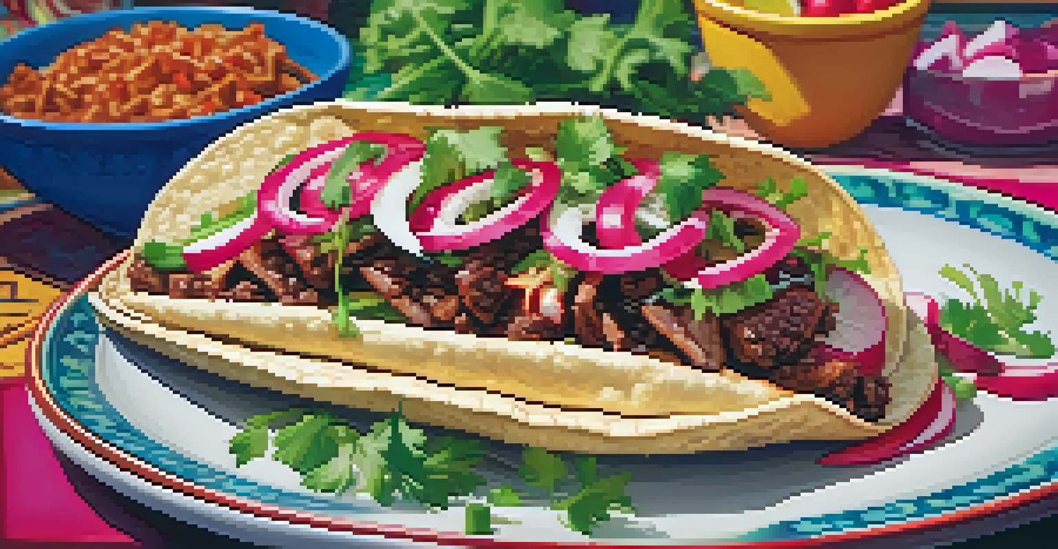A Korean BBQ taco with marinated meat and fresh garnishes on a colorful plate in an outdoor setting.