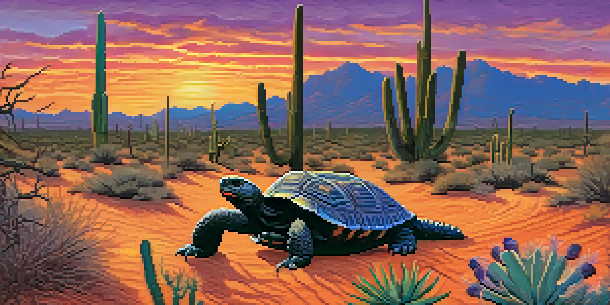 A sunset in the Sonoran Desert with saguaro cacti, a desert tortoise, and a Gila monster.