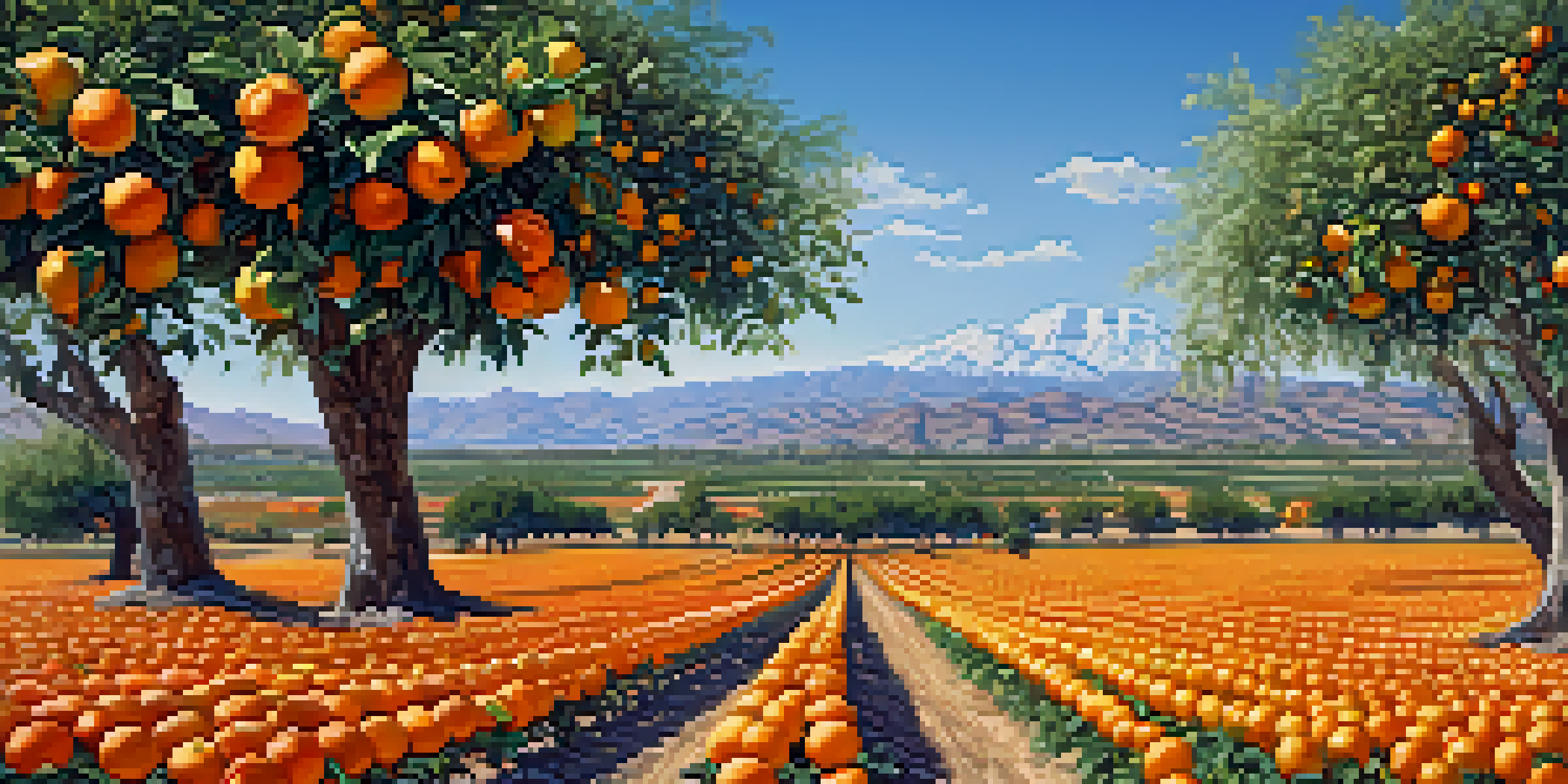A wide view of Arizona's agricultural landscape with bright citrus orchards and distant mountains under a clear sky.