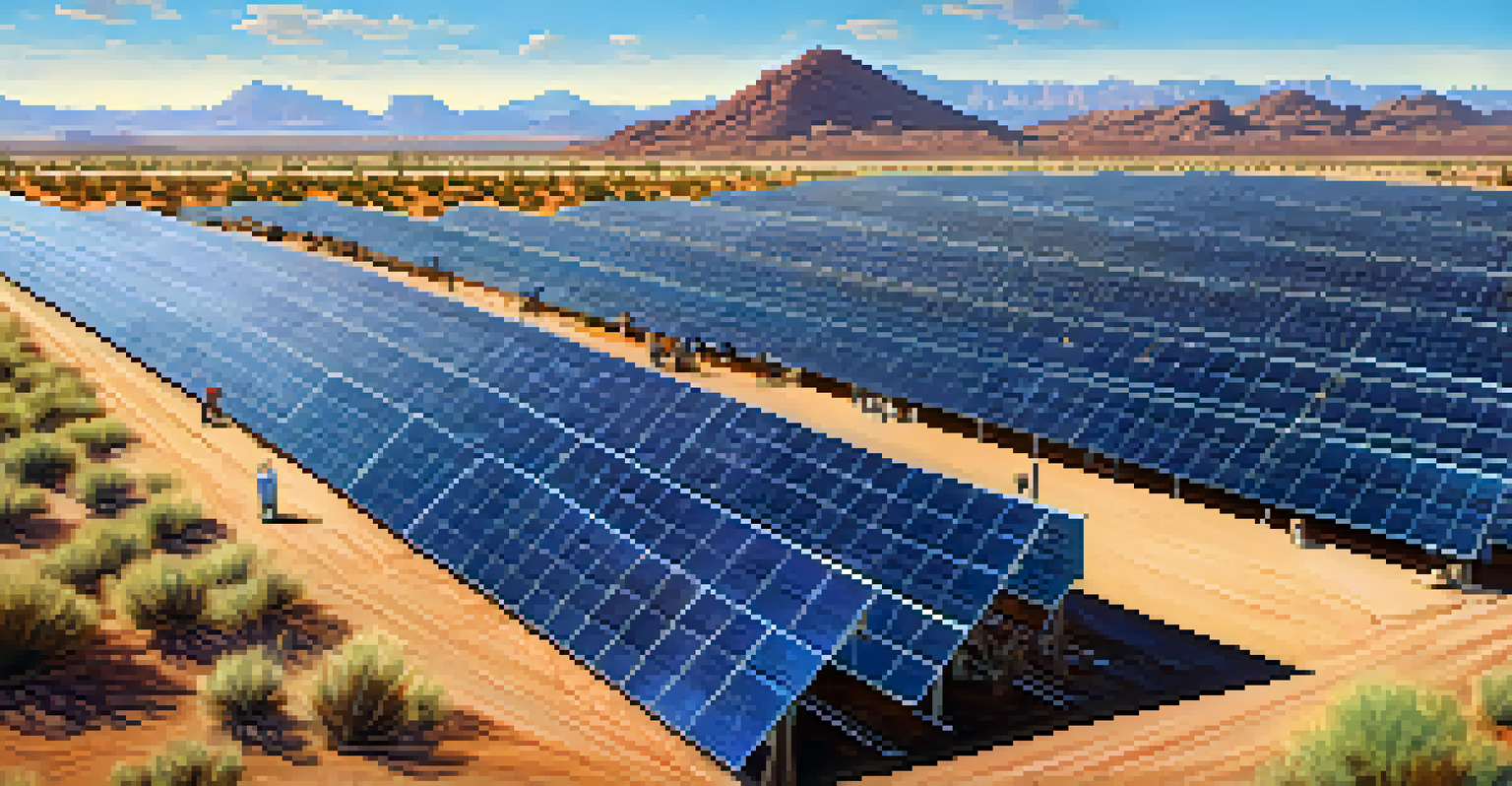 A solar farm in Arizona with solar panels shining under the sun and a diverse group of people discussing sustainability in the foreground.