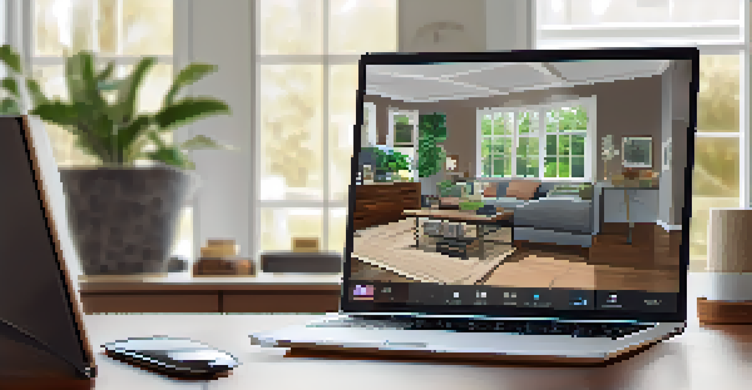 A laptop with a virtual home tour interface showing a stylish living room.