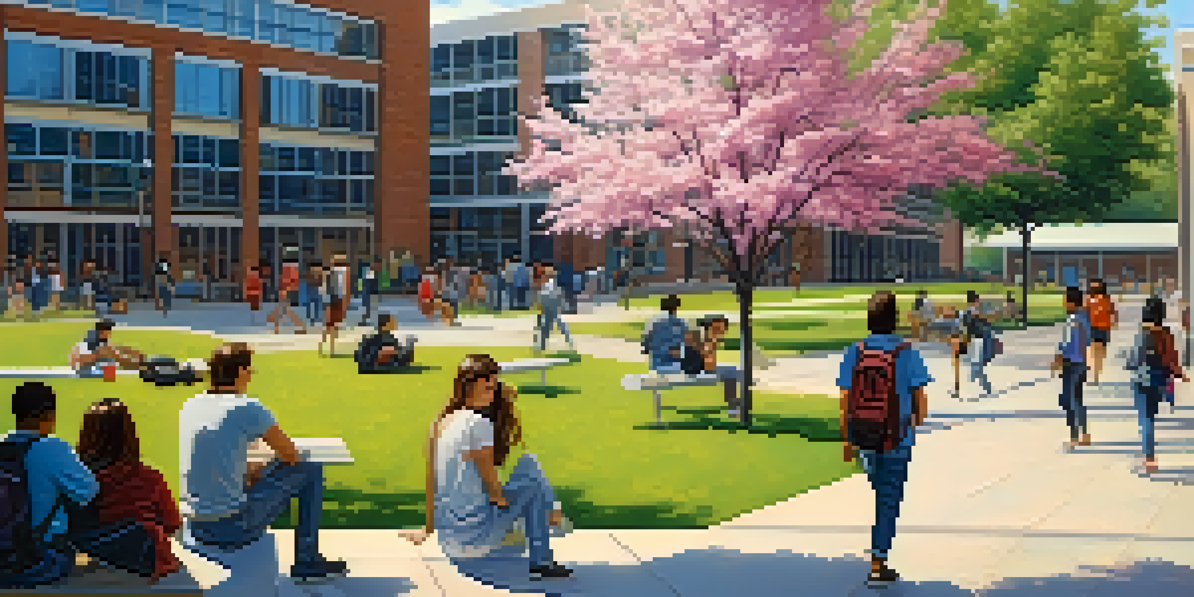A bustling college campus with students of various backgrounds engaged in activities under a sunny sky, surrounded by flowers and modern architecture.
