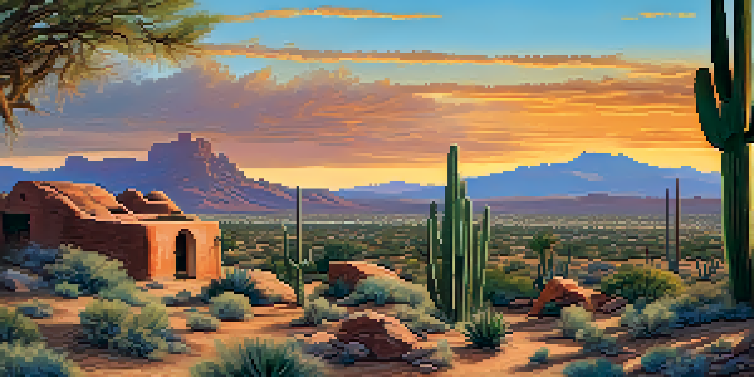 A desert landscape in Arizona during sunset with cacti, red rocks, and traditional adobe houses representing Native American culture.
