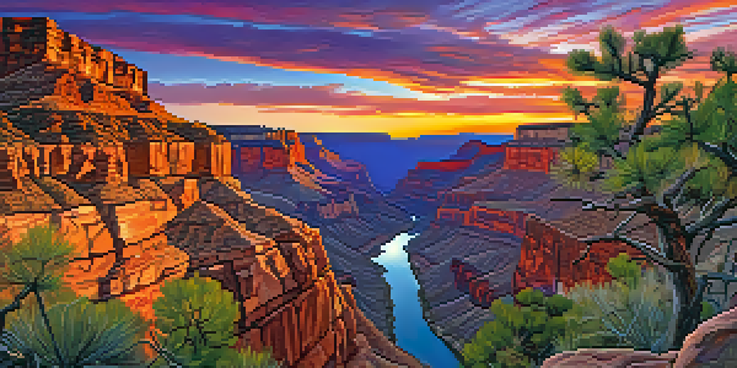 A stunning sunset view of the Grand Canyon with colorful sky and rocky formations.