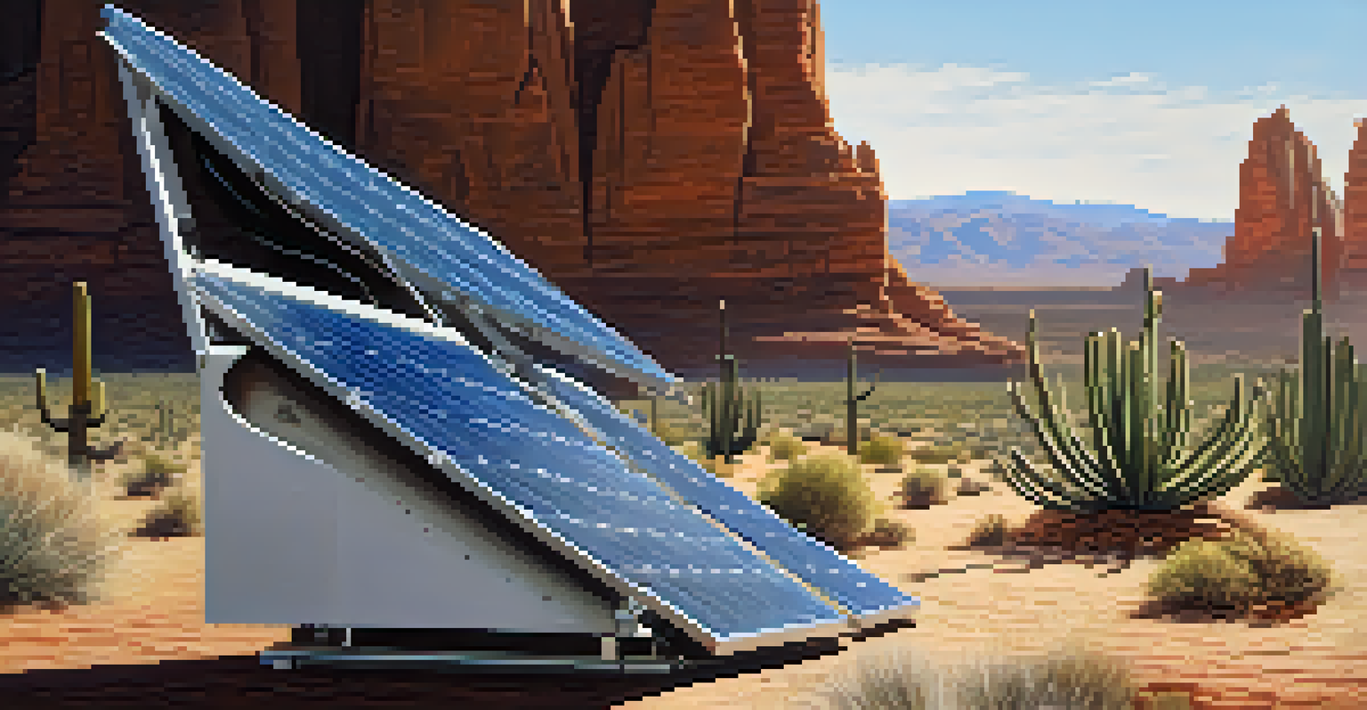 A solar-powered instrument in the Arizona desert, reflecting sunlight with cacti and rocky landscape in the background, highlighting the state's climate for space testing.