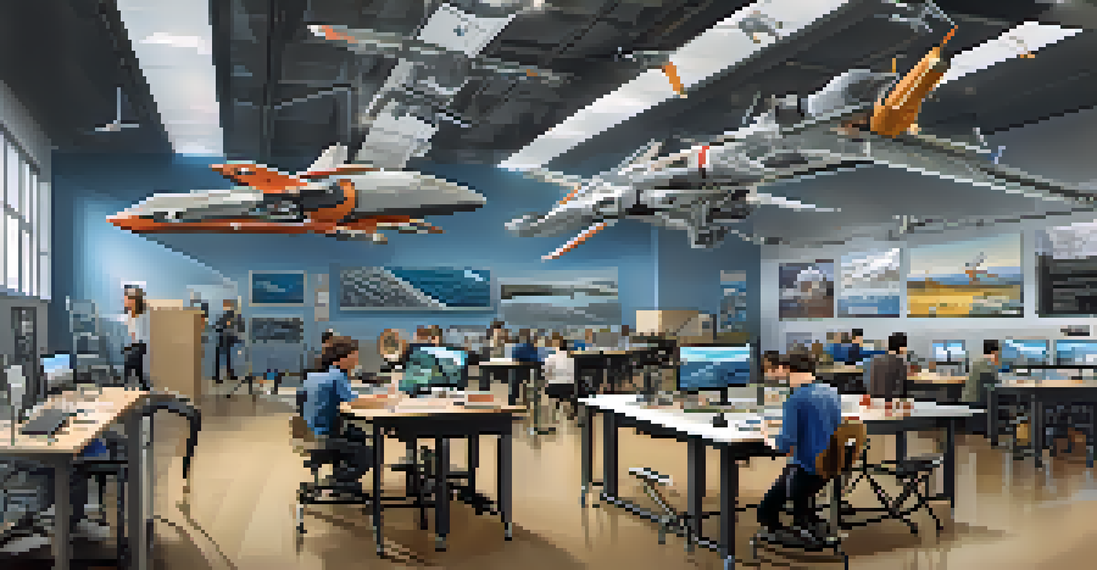 University students in Arizona working on an aerospace engineering project in a classroom filled with models and posters.