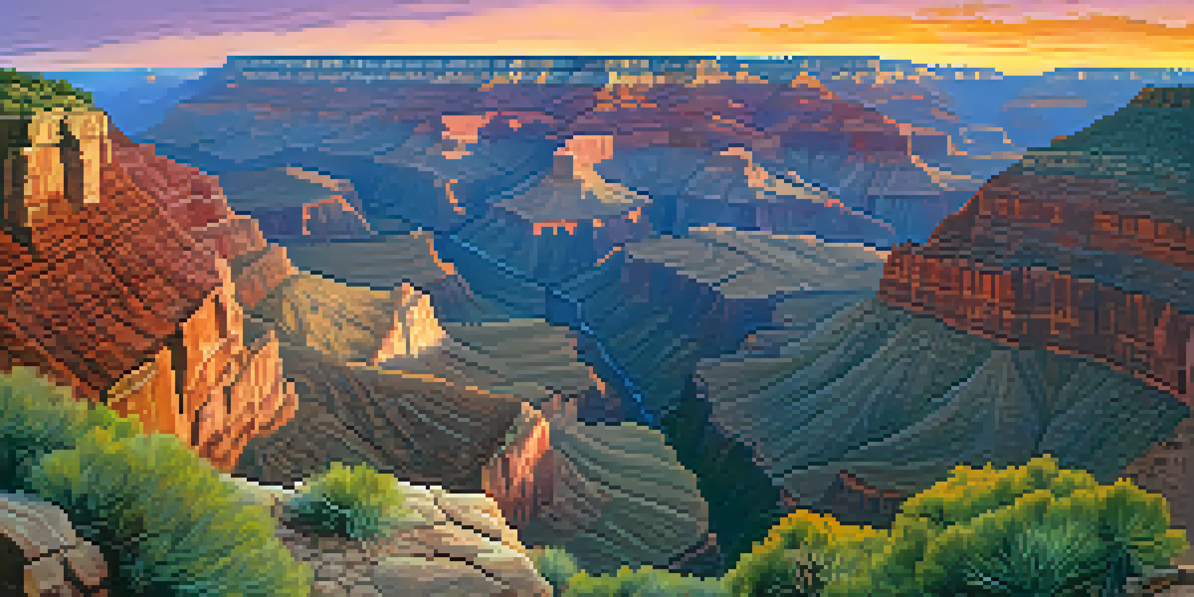A stunning sunset over the Grand Canyon, with vibrant colors illuminating the canyon and desert plants in the foreground.