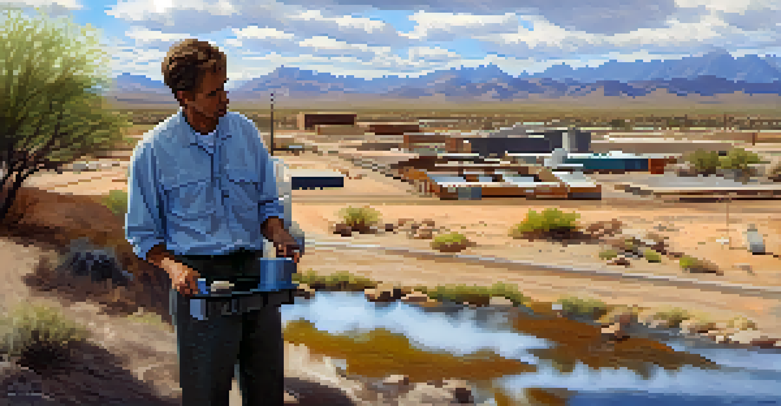 A close-up of a polluted water source in Arizona with a community member holding a water sample, set against industrial buildings in the background.