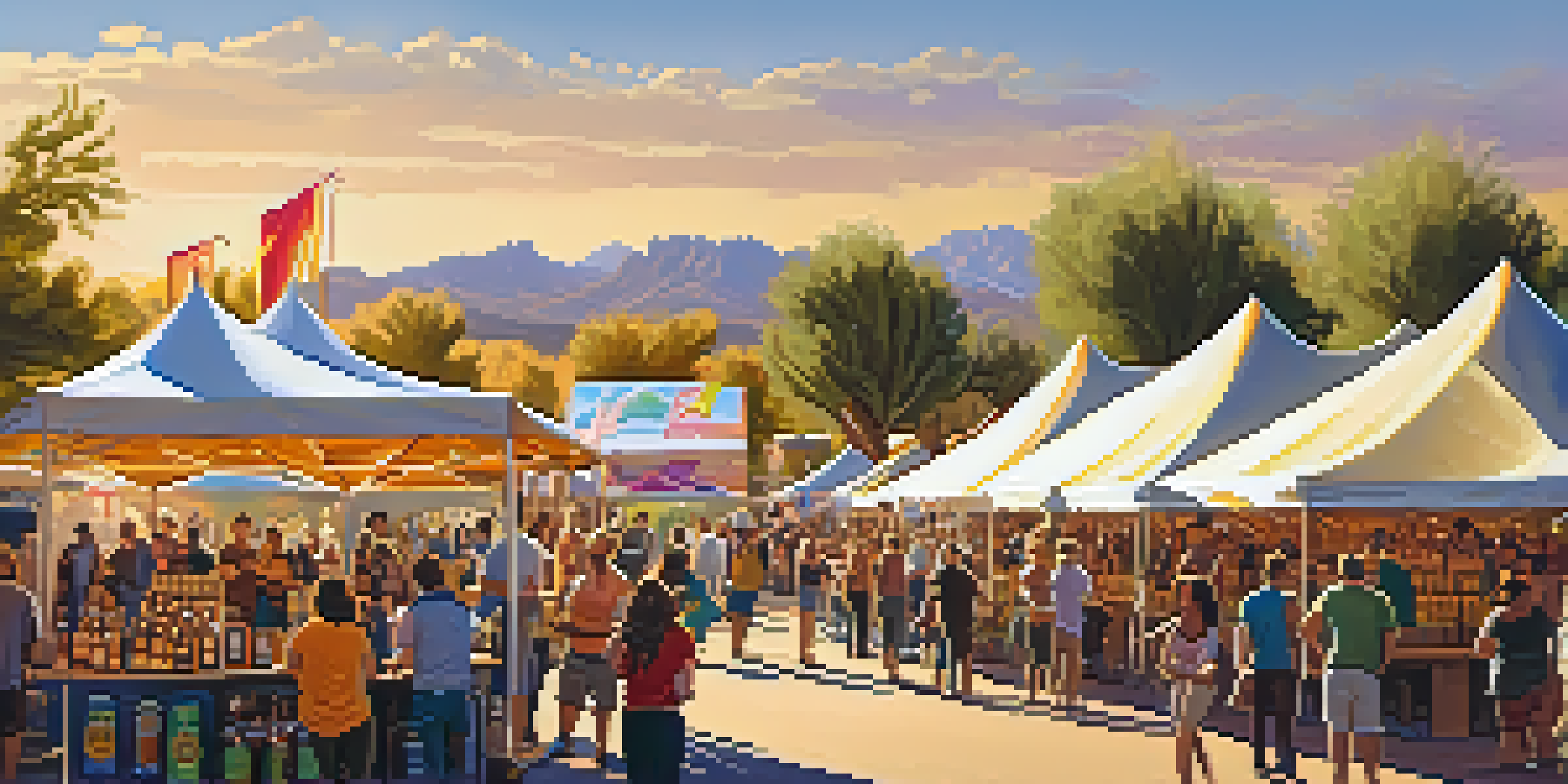 A lively craft beer festival in Arizona with colorful tents, people sampling beers, and local ingredients displayed around.