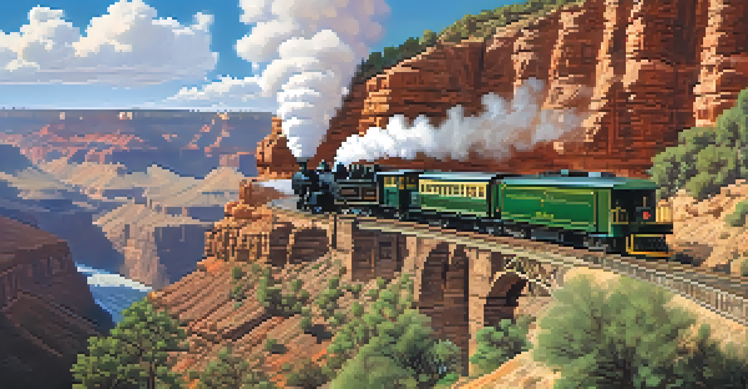 A vintage steam train on the Grand Canyon Railway with the Grand Canyon in the background.