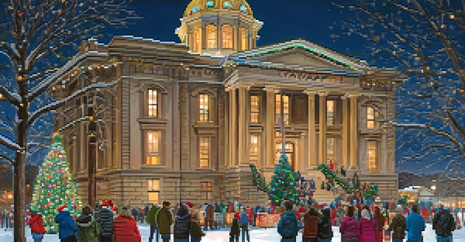 A historic courthouse beautifully lit with thousands of lights, surrounded by families enjoying the festive event.