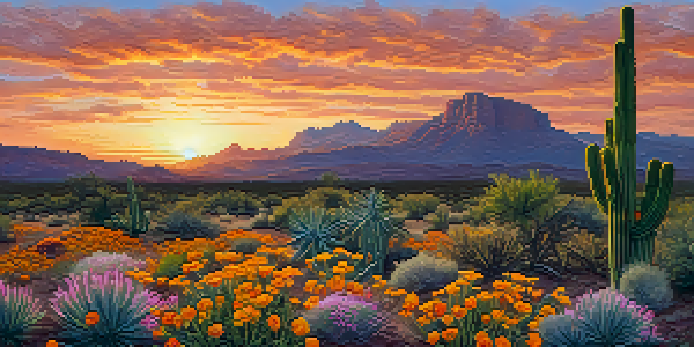 A scenic Arizona landscape with a Saguaro cactus and blooming desert marigolds under a colorful sunset, with a Gila woodpecker on the cactus.