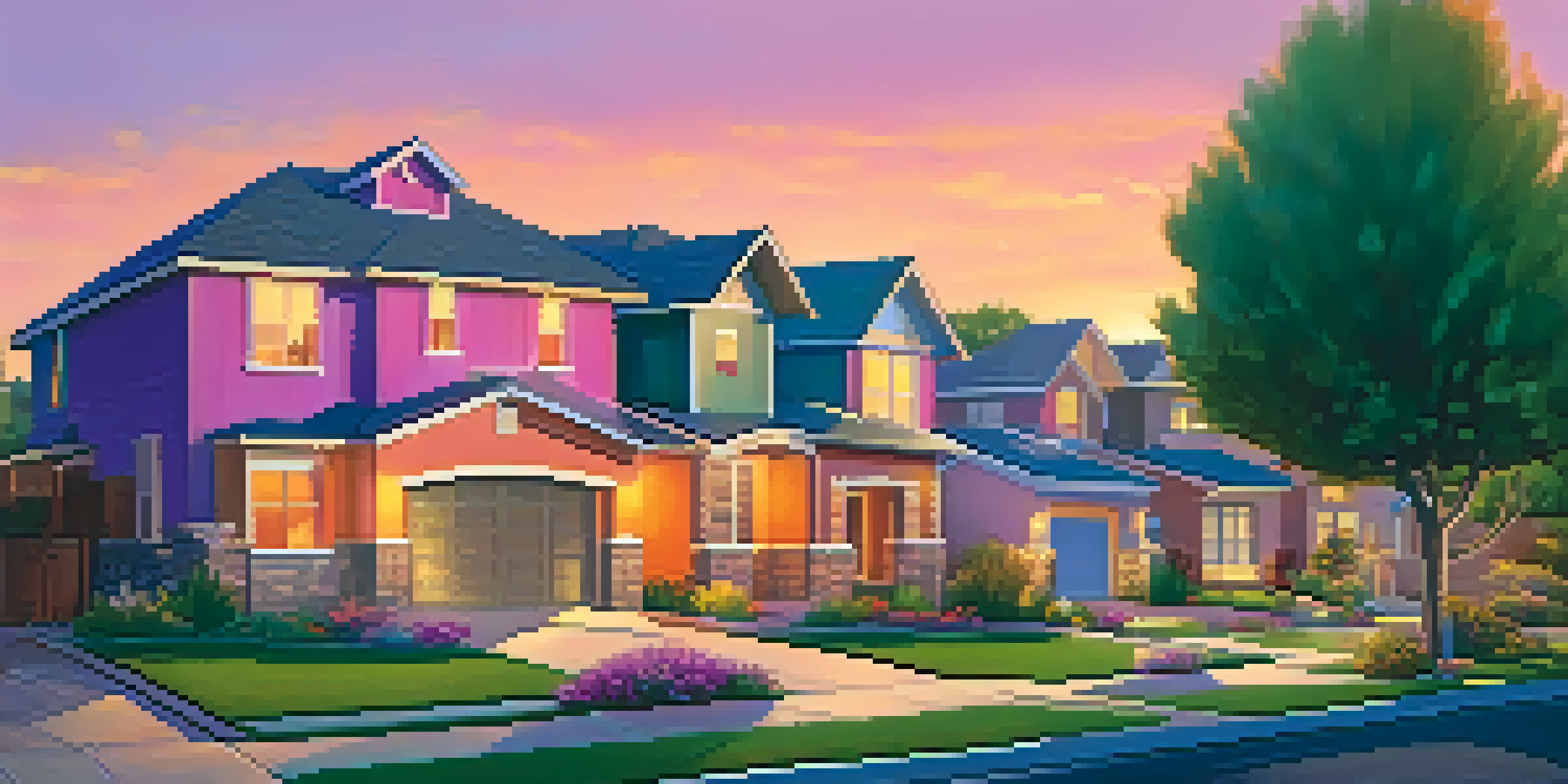 A peaceful suburban neighborhood in Arizona at sunset with modern homes and families outside.