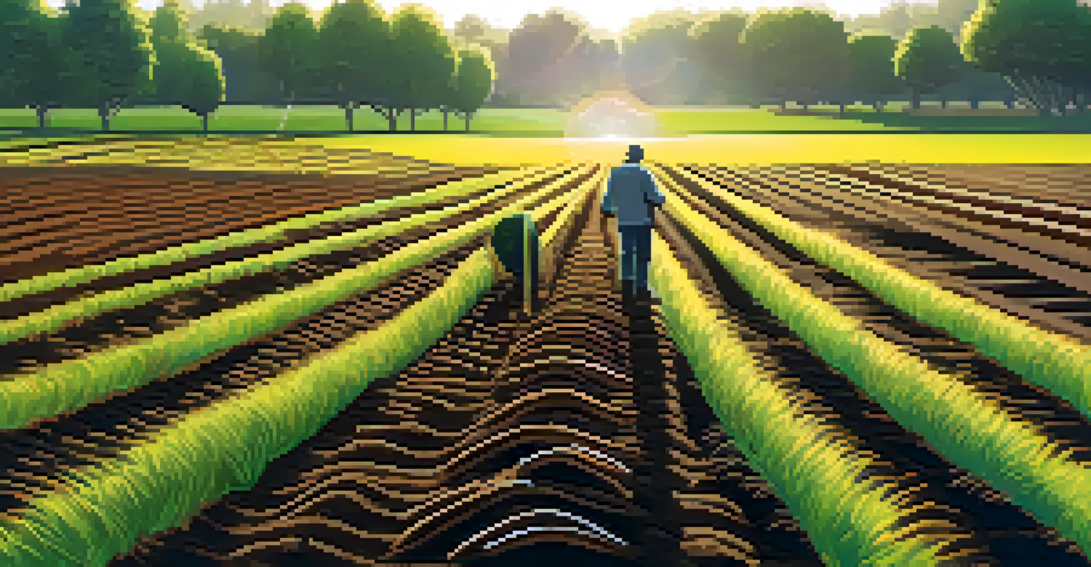 Close-up of modern soil sensors in a field surrounded by plants, with a farmer inspecting crops in the background under bright sunlight.