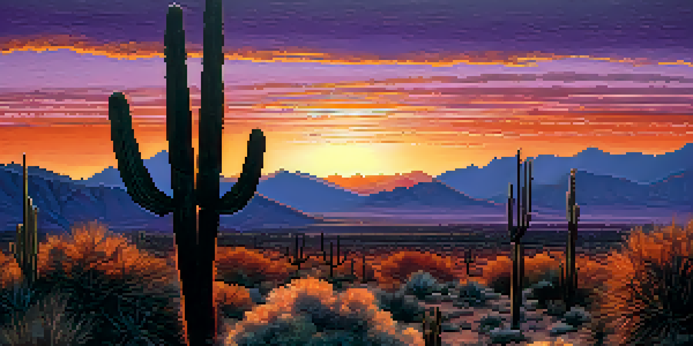 A sunset view over Arizona's desert with a silhouette of a cactus in the foreground and vibrant orange and purple colors in the sky.