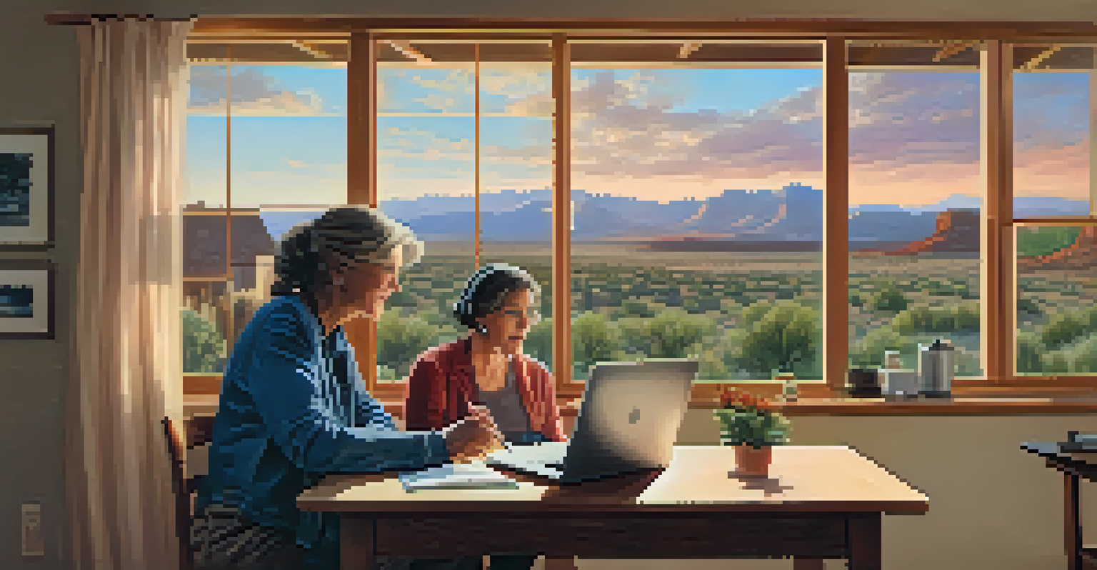 A woman participating in a telehealth consultation at her home, with a laptop and a view of the Arizona landscape.