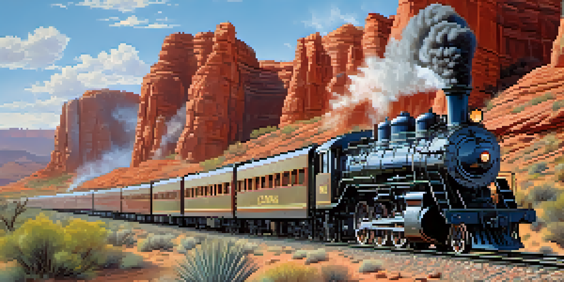 A steam locomotive traveling through Arizona's rocky landscapes with cacti and wildflowers in the foreground.