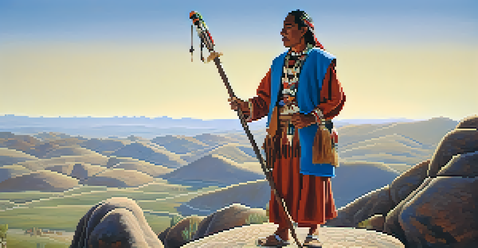 Popé, a Pueblo leader, stands on a rocky outcrop with a staff, dressed in traditional garments, with hills and a blue sky in the background.