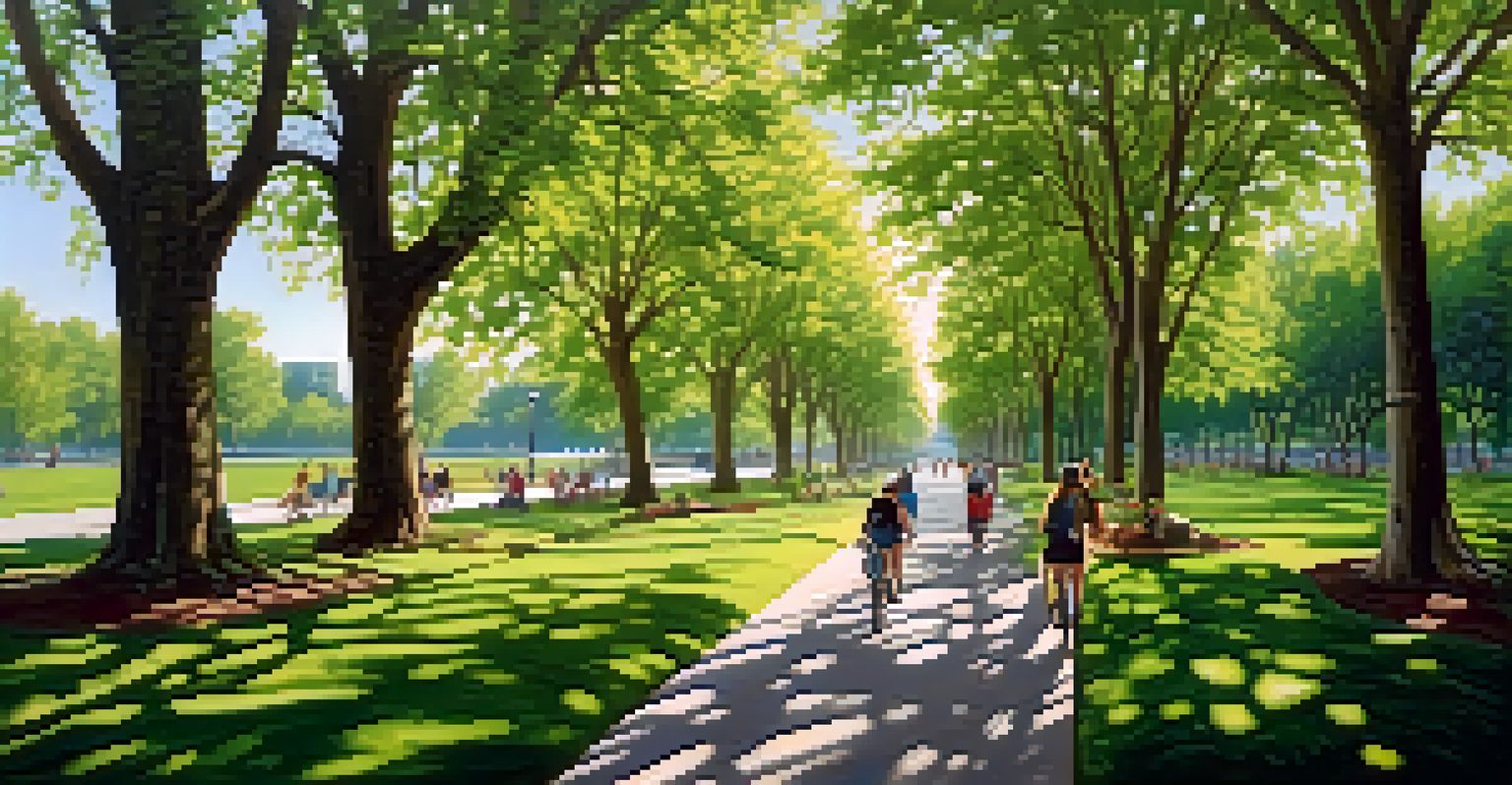 A scenic green corridor with trees, wildlife, and people walking, illuminated by sunlight filtering through the leaves.