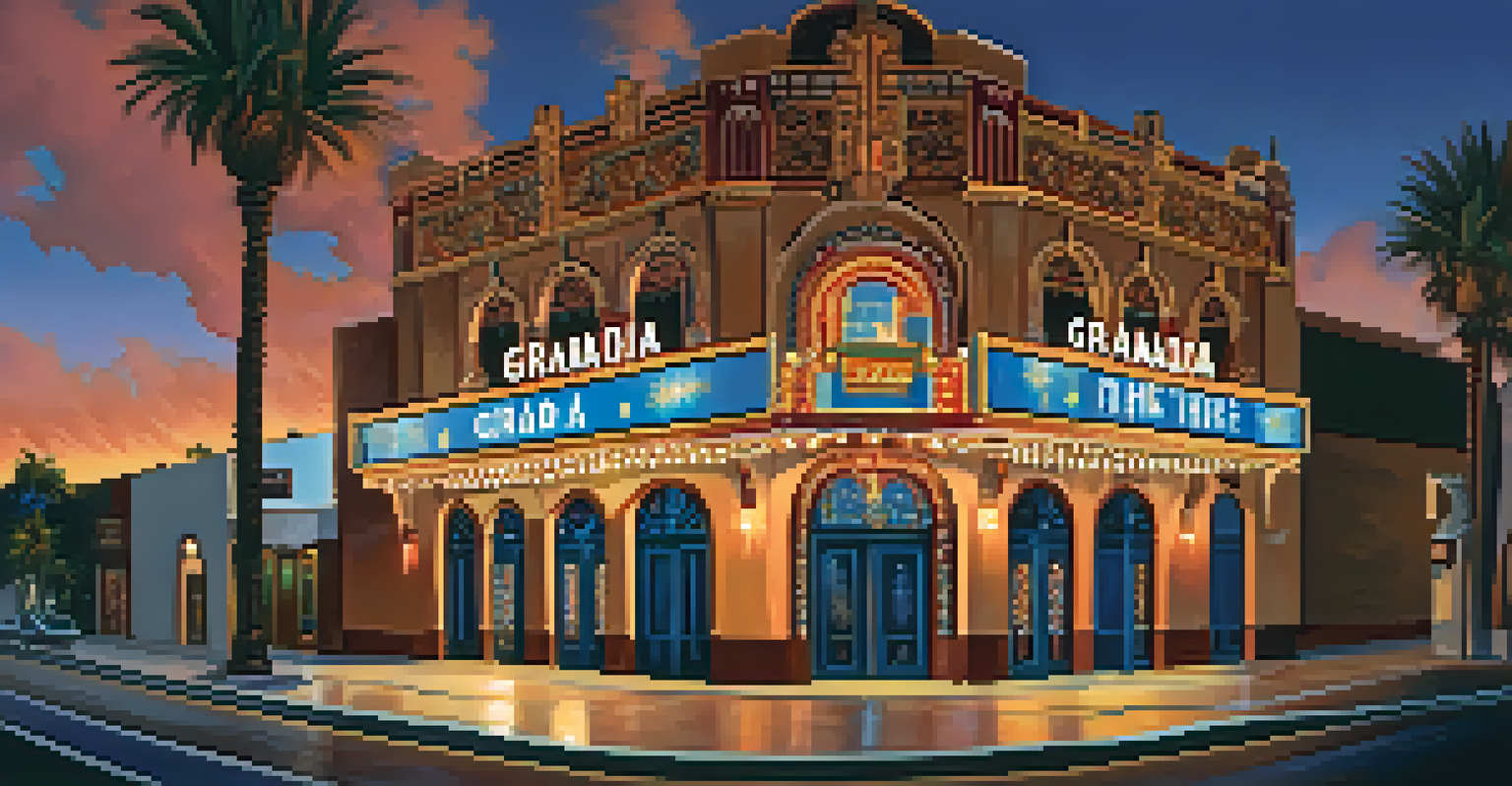 Exterior view of the Granada Theatre at dusk, showcasing its colorful lights and Spanish Colonial Revival architecture.
