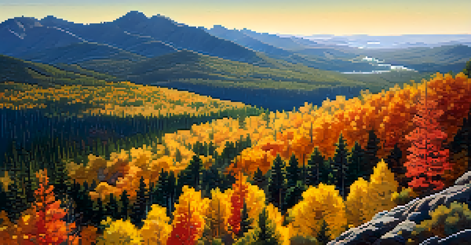 An aerial view of fall foliage in Flagstaff's pine forests with colorful trees and a blue sky.