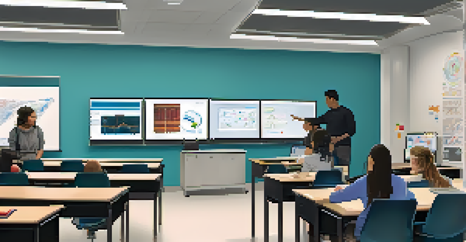 A university classroom with students working on data science projects, surrounded by technology and an instructor.