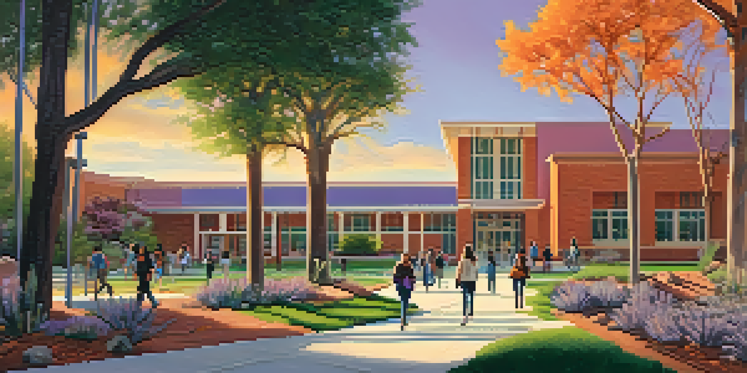 A beautiful sunset over a vibrant community college campus in Arizona with students walking between classes.