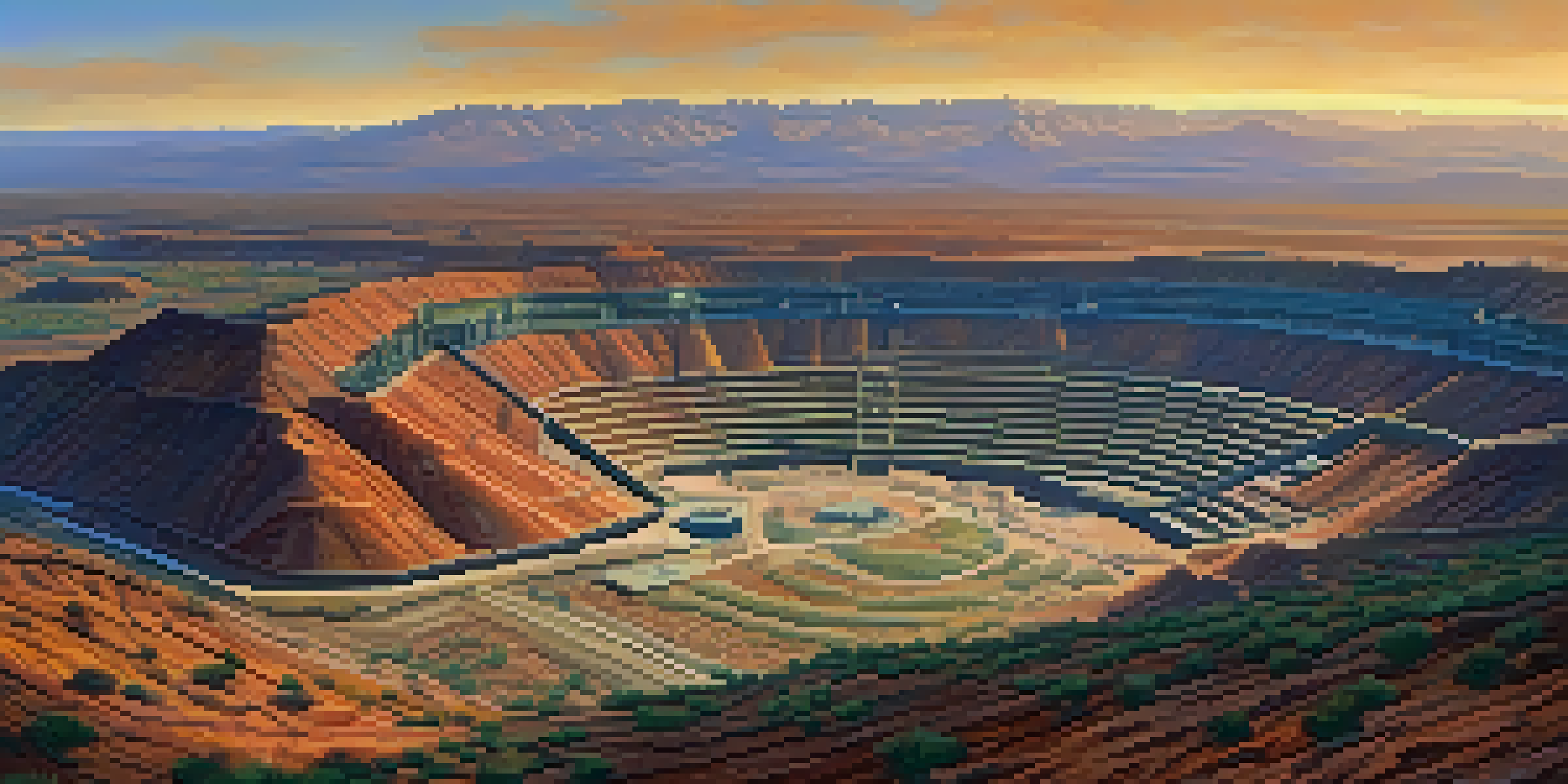 A wide view of an Arizona copper mine at sunset, showing terraced layers of copper ore and surrounding desert landscapes.