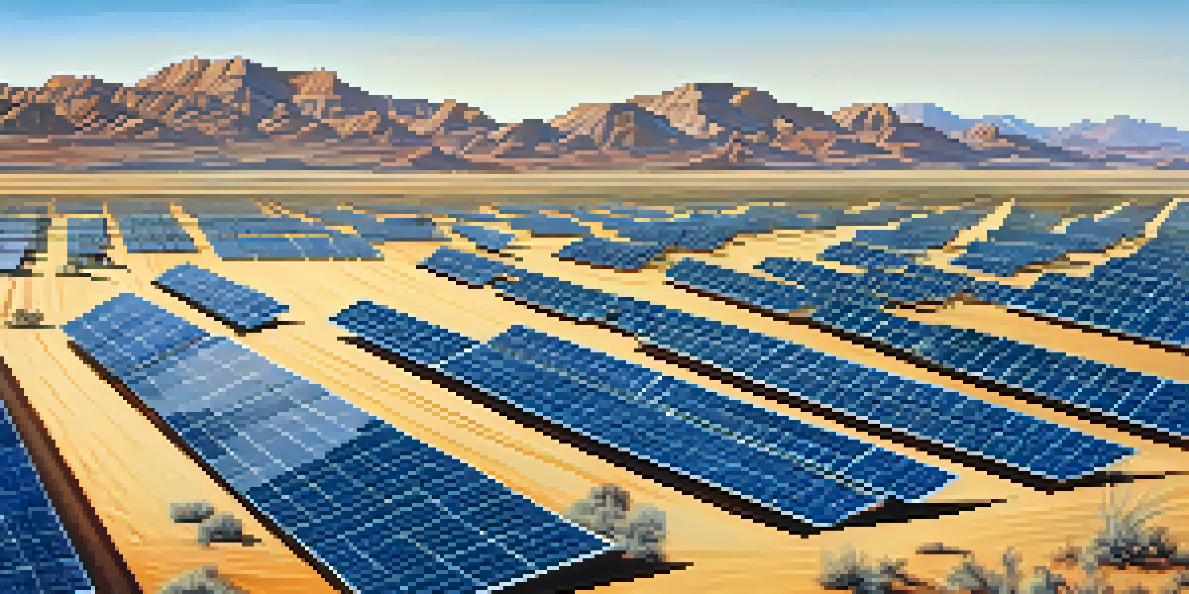 A wide view of Arizona's desert with solar panels and mountains in the background.