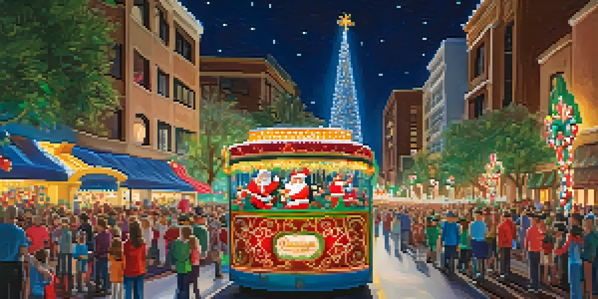 A busy street during Tempe's Fantasy of Lights Parade, with illuminated floats and excited families waving at performers under a starry night sky.
