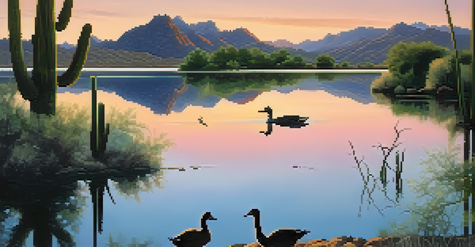 Saguaro Lake at dawn with calm waters reflecting the sky and ducks swimming, surrounded by mountains and trees.