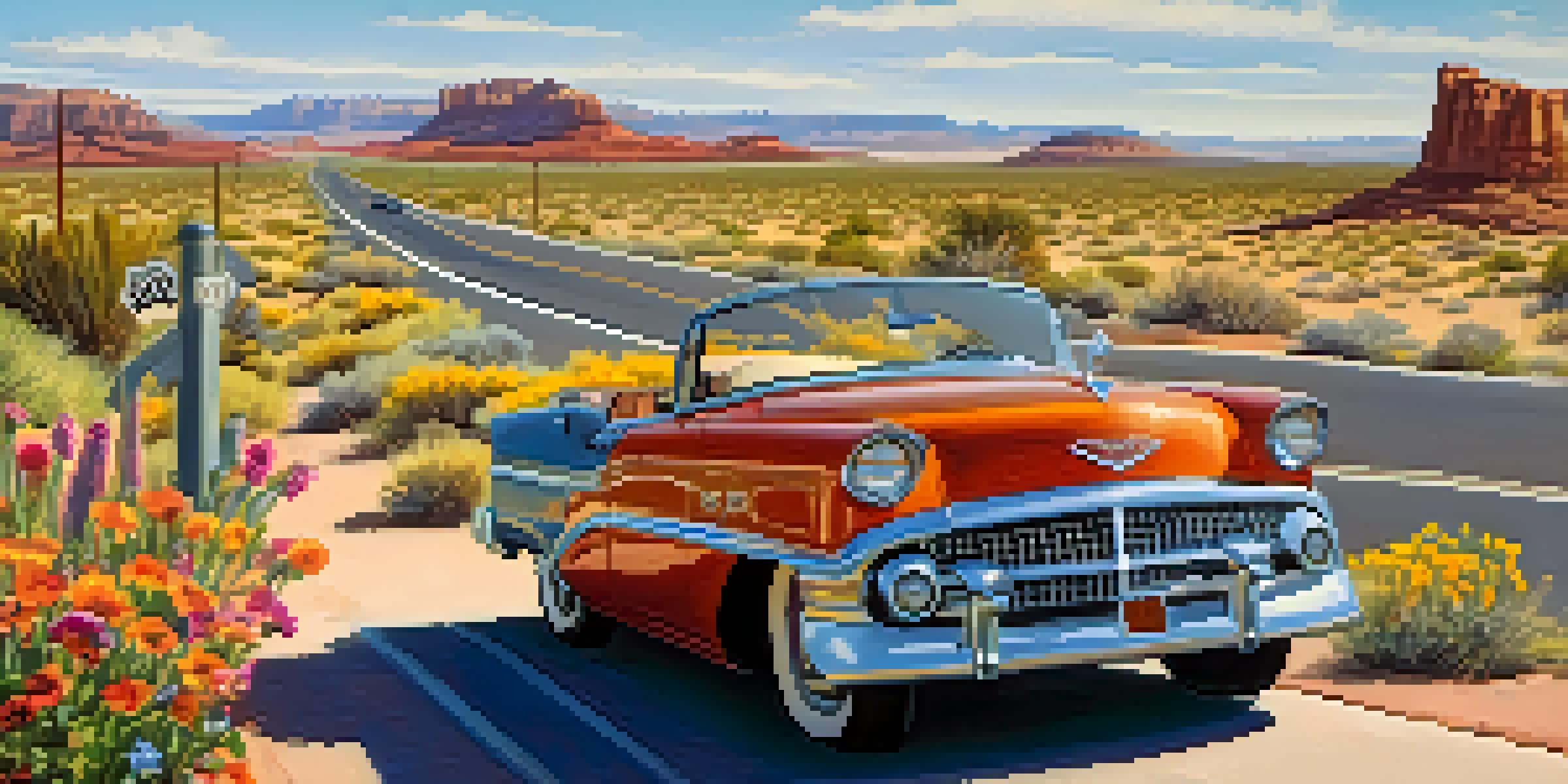 A vintage car driving on Route 66 surrounded by desert landscapes and wildflowers under a bright blue sky.