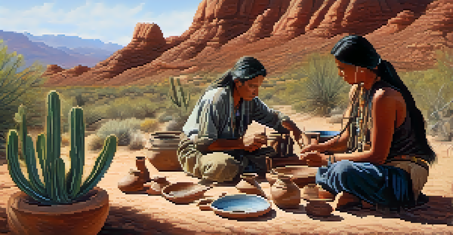 A peaceful desert scene in Arizona with Native American artisans creating pottery, surrounded by cacti and mountains under a bright sky.