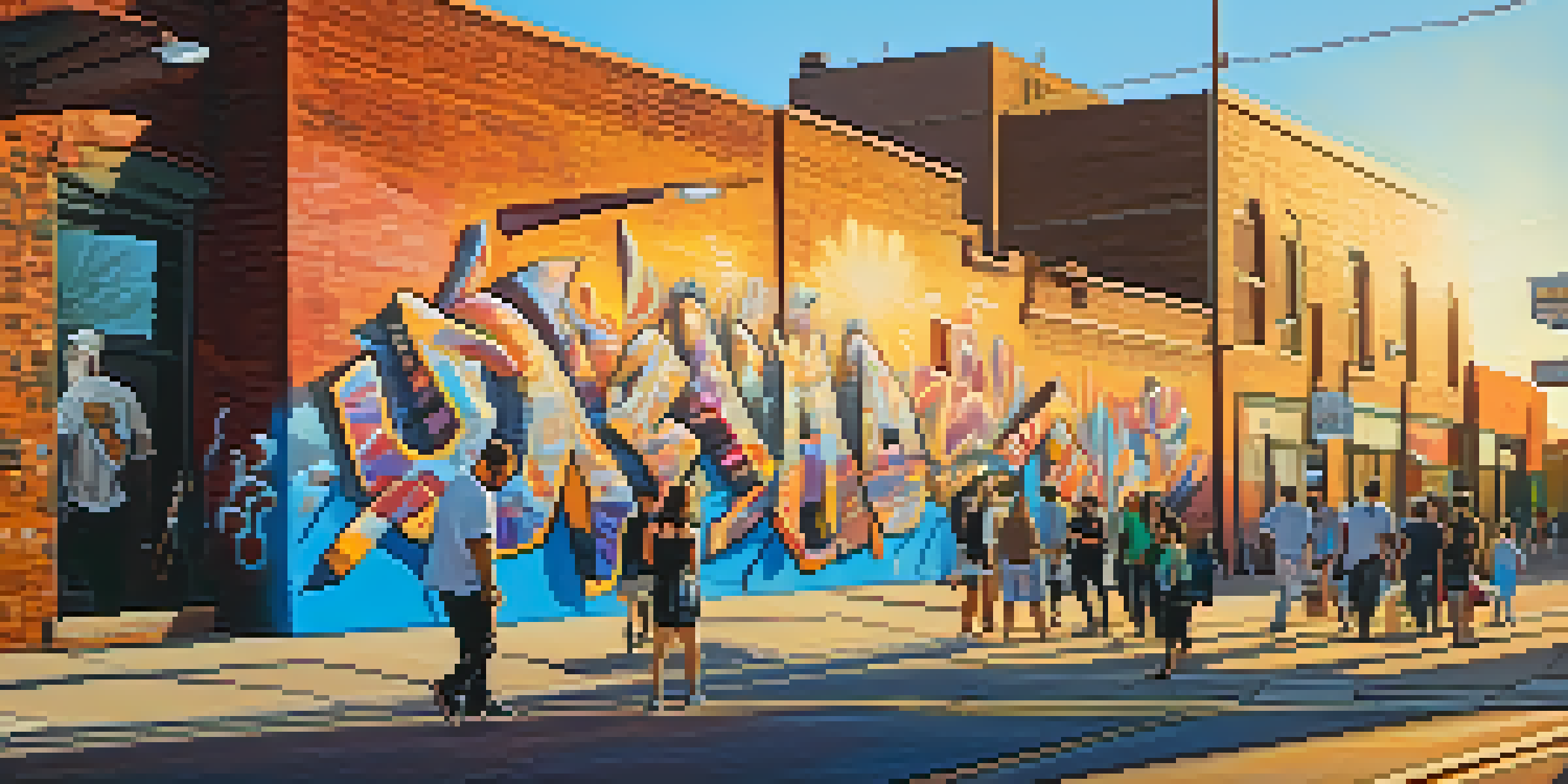 A lively street scene in Phoenix with colorful murals on brick walls and people walking around, illuminated by warm golden light.